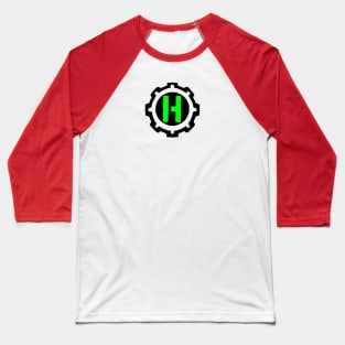 Green Letter H in a Black Industrial Cog Baseball T-Shirt